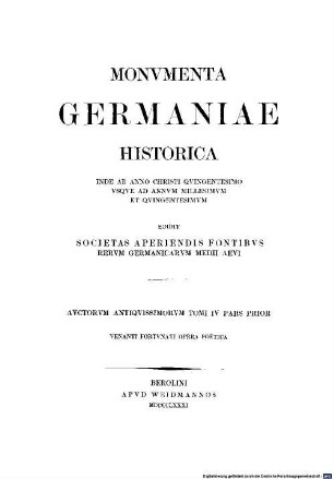 Venanti Honori Clementiani Fortunati presbyteri Italici opera poetica