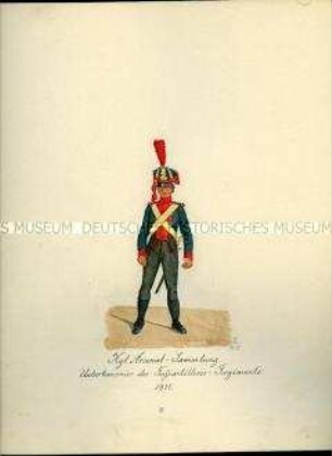 Uniformdarstellung, Unterkanonier des Fußartillerie-Regiments, 1811. Aus: Sammelmappe "Sachsens Militär", Königliche Arsenalsammlung.
