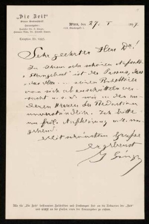 Briefe von Isidor Singer an Karl Schwarzschild, Wien, 27.1.1897 - 19.1.1901