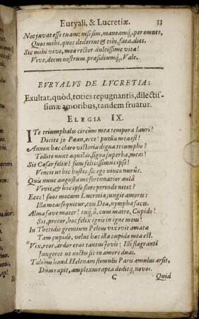 Euryalus De Lucretia: Exultat, quod, toties repugnantis, dilectissimæ amoribus, tandem fruatur. Elegia IX.