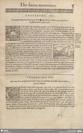 THEORESME VIII. Aux machines propres pour lever l'eau, la pesanteur de ladite eau se mesure par sa hauteur.