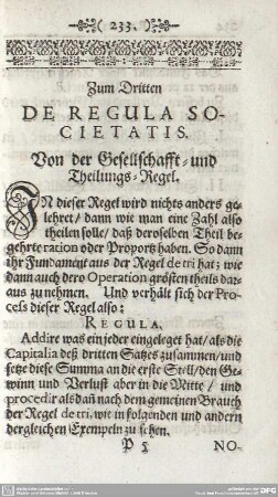Zum Dritten DE REGULA SOCIETATIS. Von der Gesellschafft- und Theilungs-Regel.