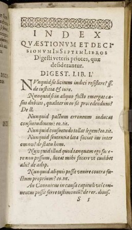 Index Quæstionum Et Decisionum In Septem Libros Digesti veteris priores, quæ desiderantur.