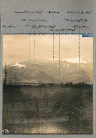 Foto aus der Beobachtungsstelle des "Artillerie-Kommandeurs Lutterbach" mit dem Ausschnitt Kuppelthannkopf - Klingenfelskopf - Thanner Hubel - Weckentalkopf (Rundbild)