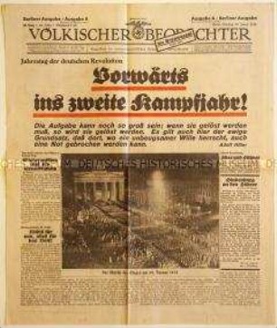 Titelblatt der NS-Tageszeitung "Völkischer Beobachter" zum ersten Jahrestag der Machtergreifung, Schlagzeile: "Vorwärts ins zweite Kampfjahr!"