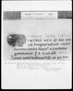 Arenberg-Sakramentar — Initiale M(ENTIBUS), Folio 81verso