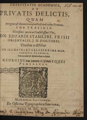 Exercitatio Academica, De Privatis Delictis