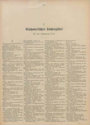 I. Alphabetisches Sachregister für den Jahrgang 1885