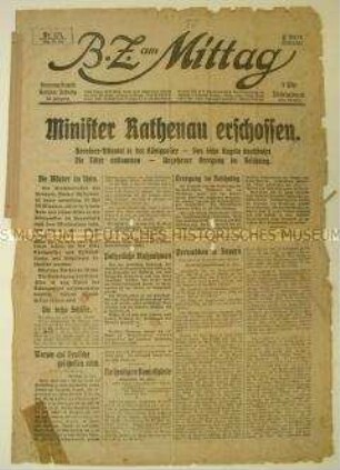 Berliner Tageszeitung "B.Z. am Mittag" zum Mord an Walter Rathenau
