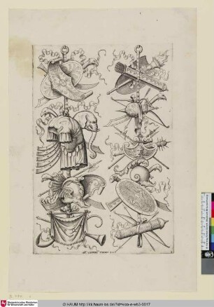 [Le premier trophée à gauche offre au milieu une cuirasse et la tête d'un éléphant; Trophies with Body Armor and the Head of an Elephant; Trophäen, eine davon mit Brustpanzer und Elefantenkopf;