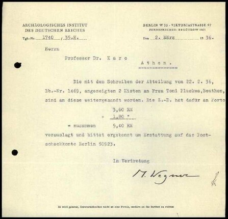 M. Wegner an G. Karo