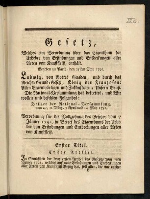 13-22, Gesetz, [...]. Gegeben zu Paris, den 25sten May 1791.