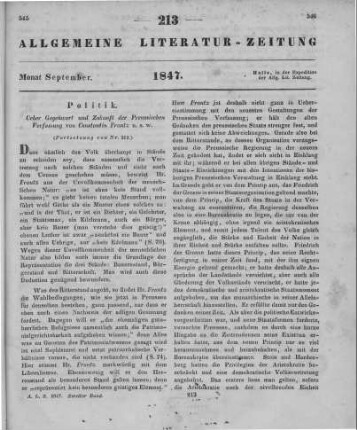 Frantz, C.: Ueber Gegenwart und Zukunft der Preussischen Verfassung. Halberstadt: Frantz 1846 (Fortsetzung von Nr. 212)
