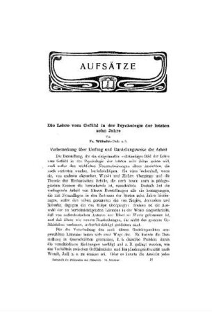 Die Lehre vom Gefühl in der Psychologie der letzten zehn Jahre