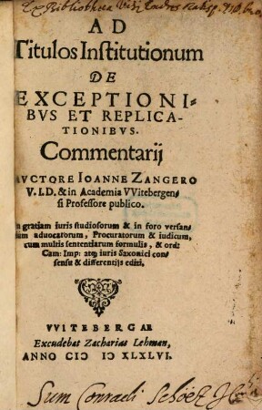 Ad titulos institutionum de exceptionibus et replicationibus Commentarii