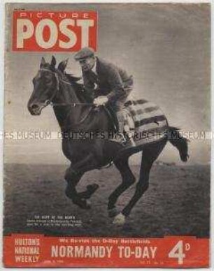 Britische Wochenzeitung "Picture Post" mit einem Bildbericht über den Besuch ehemaliger britischer Fallschirmjäger am Ort ihrer Landung in der Normandie im Juni 1944