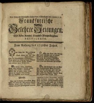 Num. I. Dienstags, den 3. Januar. 1758. - Num. X. Freytags, den 3. Februar. 1758.