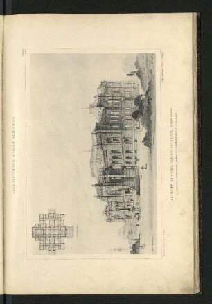 Entwurf zu einem Gerichtsgebäude. Perspektivische Ansicht, Grundriss