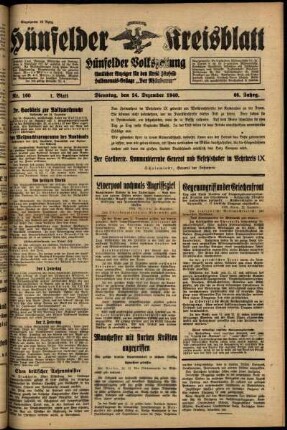 Erste Ausgabe vom Dienstag, den 24. Dezember 1940.
