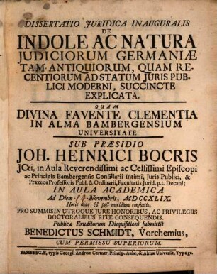 Diss. iur. inaug. de indole ac natura iudiciorum Germaniae tam antiquorum quam recentiorum ad statum iuris publice moderni succincte explicata