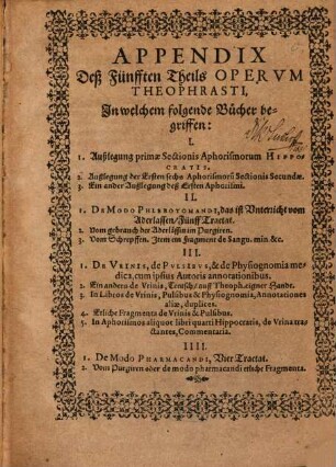 ... Theil Der Bücher und Schrifften, des Edlen, Hochgelehrten und Bewehrten Philosophi unnd Medici, Philippi Theophrasti Bombast von Hohenheim, Paracelsi genannt, 5[,2]. Appendix Deß Fünfften Theils Opervm Theophrasti
