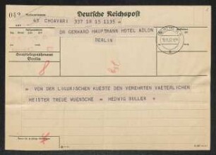 Brief von Hedwig Buller an Gerhart Hauptmann