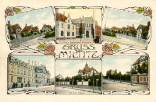 Gruss aus Miltitz: Schimmels Beamten-Häuser, Post u. Etablissement Schimmel & Co., Schimmels Beamten-Häuser, Bahnhofstrasse, Villa Curt Fritzsche, Schimmels Villen-Colonie