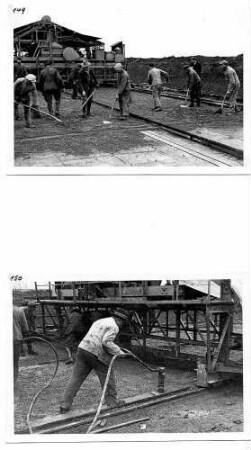 Betonfahrbahndeckenbau Bild oben: Brückenmische. Abdecken des Papierunterlags mit Beton. Bild unten: Einbringen und Verdichten des Betons.