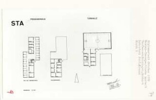 Sozialtherapeutische Anstalt, Berlin-Borsigwalde (Diplomarbeit bei Willy Kreuer): Freigängerhaus, Turnhalle, Grundrisse Kellergeschoss, Erdgeschoss und Obergeschoss 1:200