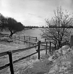 Mühlenbach: vorn und in der Mitte Zäune: rechts und links Sträucher: hinten Bäume: Winter