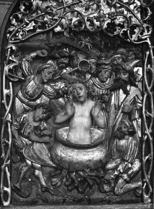 Johannesaltar : Johannesaltar. Holz, geschnitzt, gefaßt (um 1510). Bildfeld. Friesach, Dominikanerklosterkirche Sankt Nikolaus, Chor, Nordwand