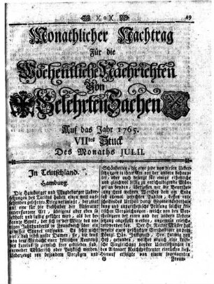 Monathliche Nachtrag [...] Auf das Jahr 1765 VIItes Stuck Des Monaths Julii
