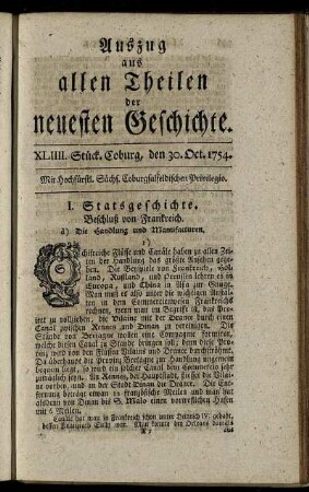 XLIIII. Stück. Coburg, den 30. Oct. 1754.
