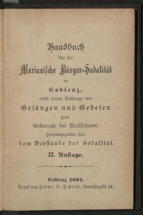 Handbuch für die Marianische Bürger-Sodalität in Coblenz