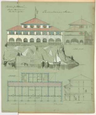 Pension am Meer Monatskonkurrenz Februar 1906: Grundriss Obergeschoss, Aufriss Ansicht vom Meer, Seitenansicht, Querschnitt 1:100; Maßstabsleiste