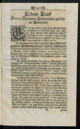 Lebens-Lauff Frauen Barbaren Lehmannin/ bebohrner Wendlandin.