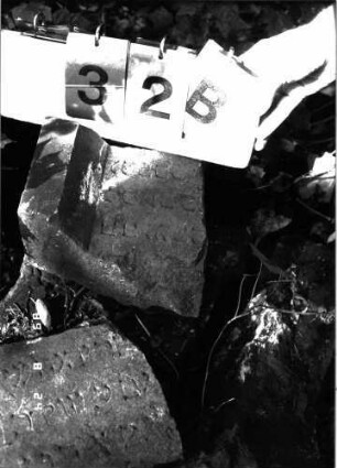 Grabstein 32 (Index: 100105607) Material: Sandstein Zustand: zerbrochene Fragmente Beschreibung: Fragmente verschiedener Stelen Besonderheit: die Fragmente stammen von verschiedenen Stelen und liegen auf einem Haufen: Grabstein 32B