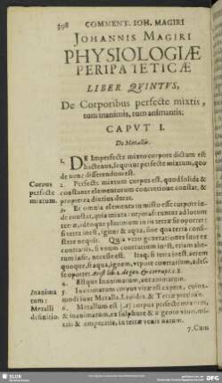 Liber Quintus, De Corporibus perfecte mixtis, tum inanimis, tum animantis
