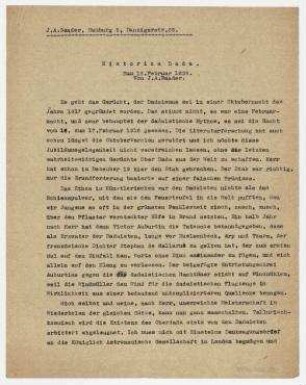 Historica Dada. [Hamburg]. Anlage zum Brief von Berliner Tageblatt und Handelszeitung an Johannes Baader vom 18.2.1926.