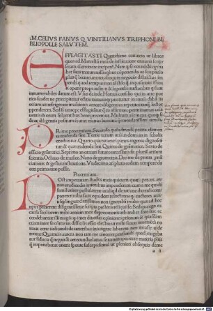 Institutio oratoria : mit Widmungsbrief an Moyses Buffaroli, Bischof von Belluno, von Omnibonus Leonicenus