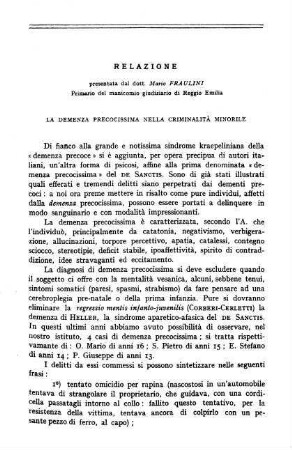 145-146, Relazione: La demenza precocissima nella criminalità minorile