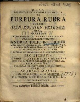 Dissertatio Inauguralis Medica De Purpura Rubra Vulgo Den Rothen Friesel