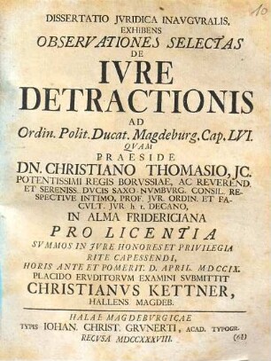 Dissertatio iuridica inauguralis exhibens observationes selectas de iure detractionis
