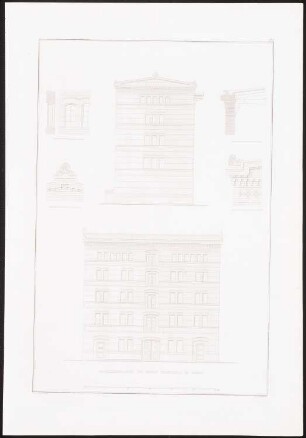 Magazingebäude des Herrn Hirschfeld, Berlin: Ansichten, Details (aus: Architektonisches Album, Bd. 1, H.1, hrsg.v. Stüler, Knoblauch, Salzenberg, Strack, Runge, Potsdam 1838)