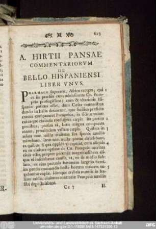 A. Hirtii Pansae Commentariorum De Bello Hispaniensi Liber Unus.