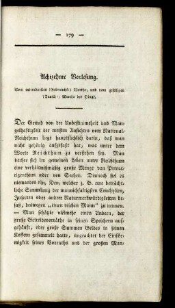 Achtzehnte Vorlesung. Vom individuellen (Gebrauchs-) Werthe, und vom geselligen (Tausch-) Werthe der Dinge.
