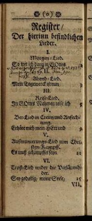 Register/ Der hierinn befindlichen Lieder.