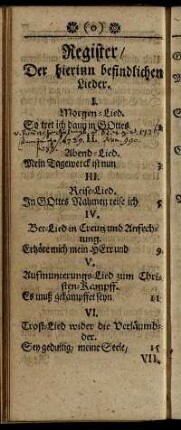 Register/ Der hierinn befindlichen Lieder.