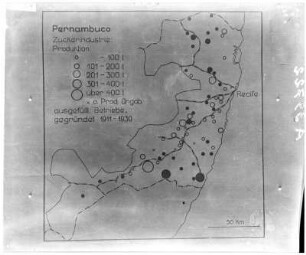 Produktionsstätten Zuckerindustrie Pernambuco : Fotografie einer Karte der Zuckerproduktionsstätten im Bundesstaat Pernambuco.