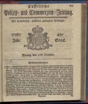 43tes Stueck, Montag den 22ten October 1798